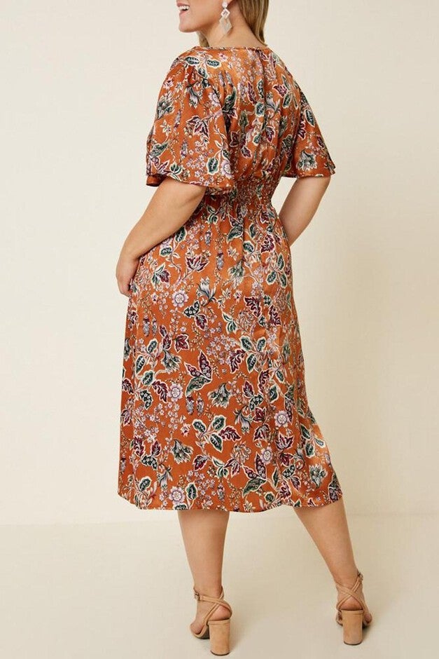 Woodstock Floral Satin Smock-Waist Midi Dress, Rust orange with green maroon floral print / Rust, alternate image number 2