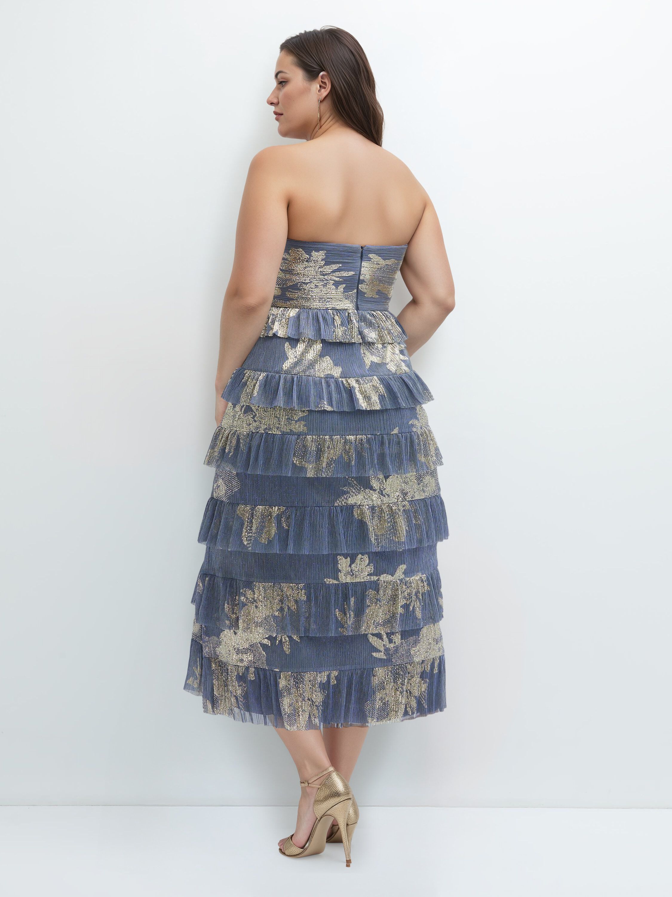 Ruffle Tiered Skirt Metallic Pleated Strapless Midi Dress with Floral Gold Foil Print, French Blue Gold Foil / White, alternate image number 1