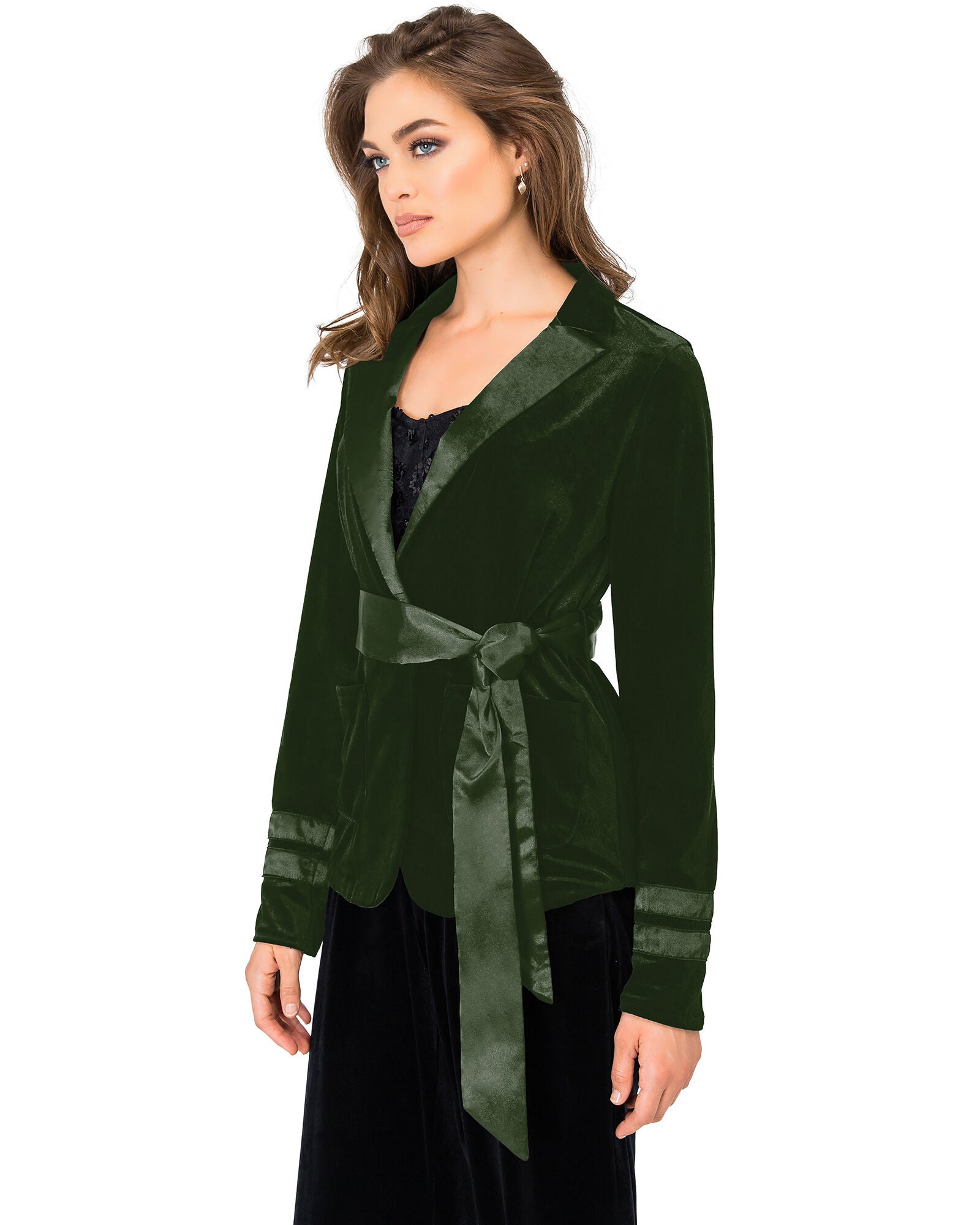 Plus Size Lottie Stretch Velvet Wrap Smoking Jacket With Satin Lapel And Satinbelt, Green / Hunter Green, hi-res image number 0