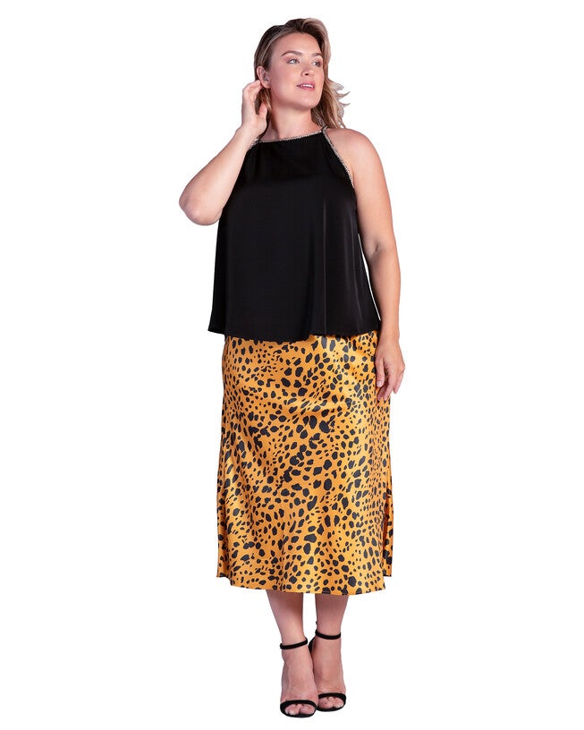 Women's Plus Size Silky Sateen Leopard Print Midi Skirt, Gold Print / Gold, alternate image number 1