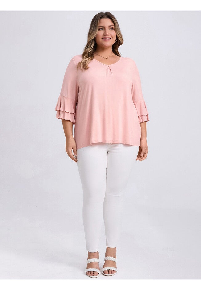V Neck Double Layered Ruffle 3/4 Sleeve Pleated Front Blouse, Pink / Pink, alternate image number 1