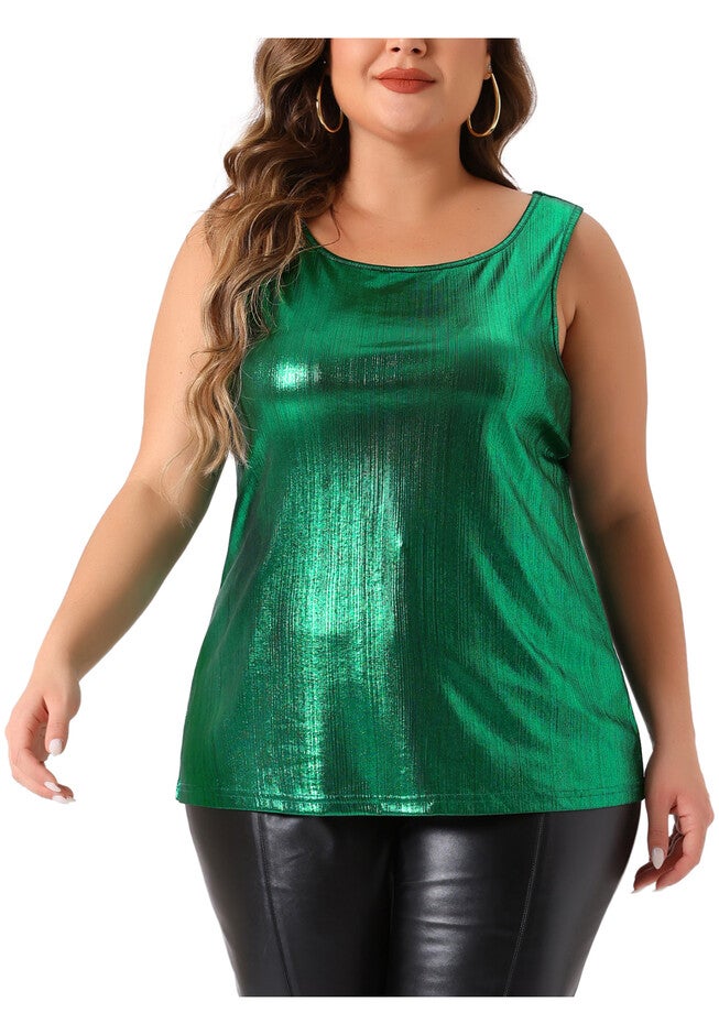 Crew Neck Sleeveless Holographic Shiny Metallic Tank Top, Dark Green / Forest Green, alternate image number 2