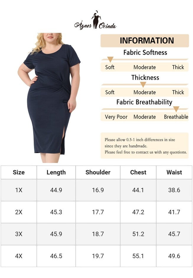 Round Neck Knot Front Short Sleeve Side Split Dress, Navy Blue / Navy, alternate image number null