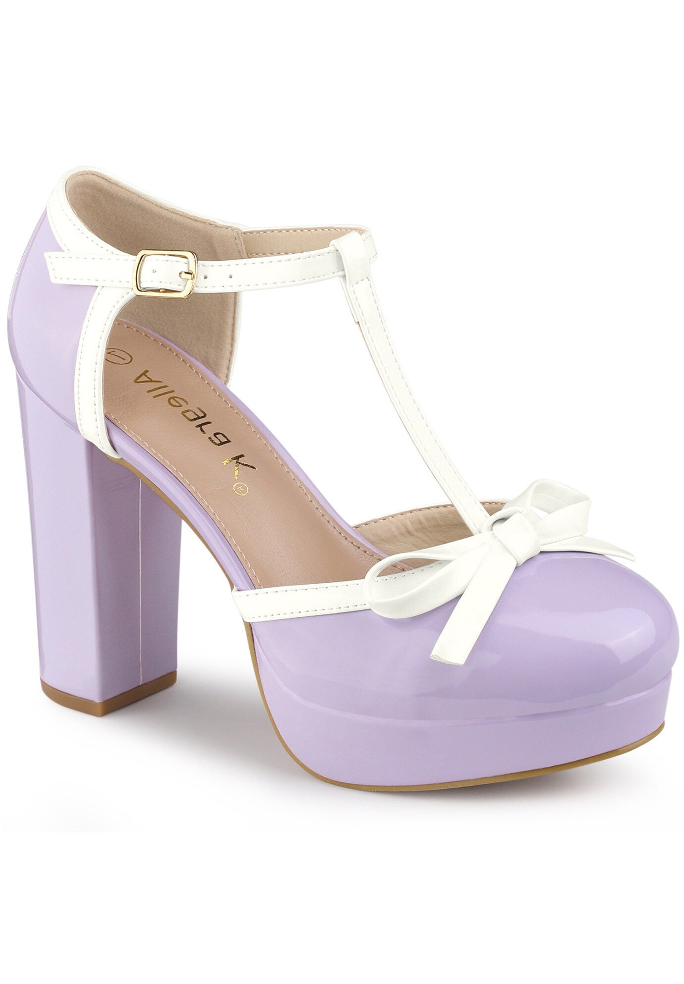 Platform Bow T Strap Chunky Heels Pumps, Purple / Purple, hi-res image number 0