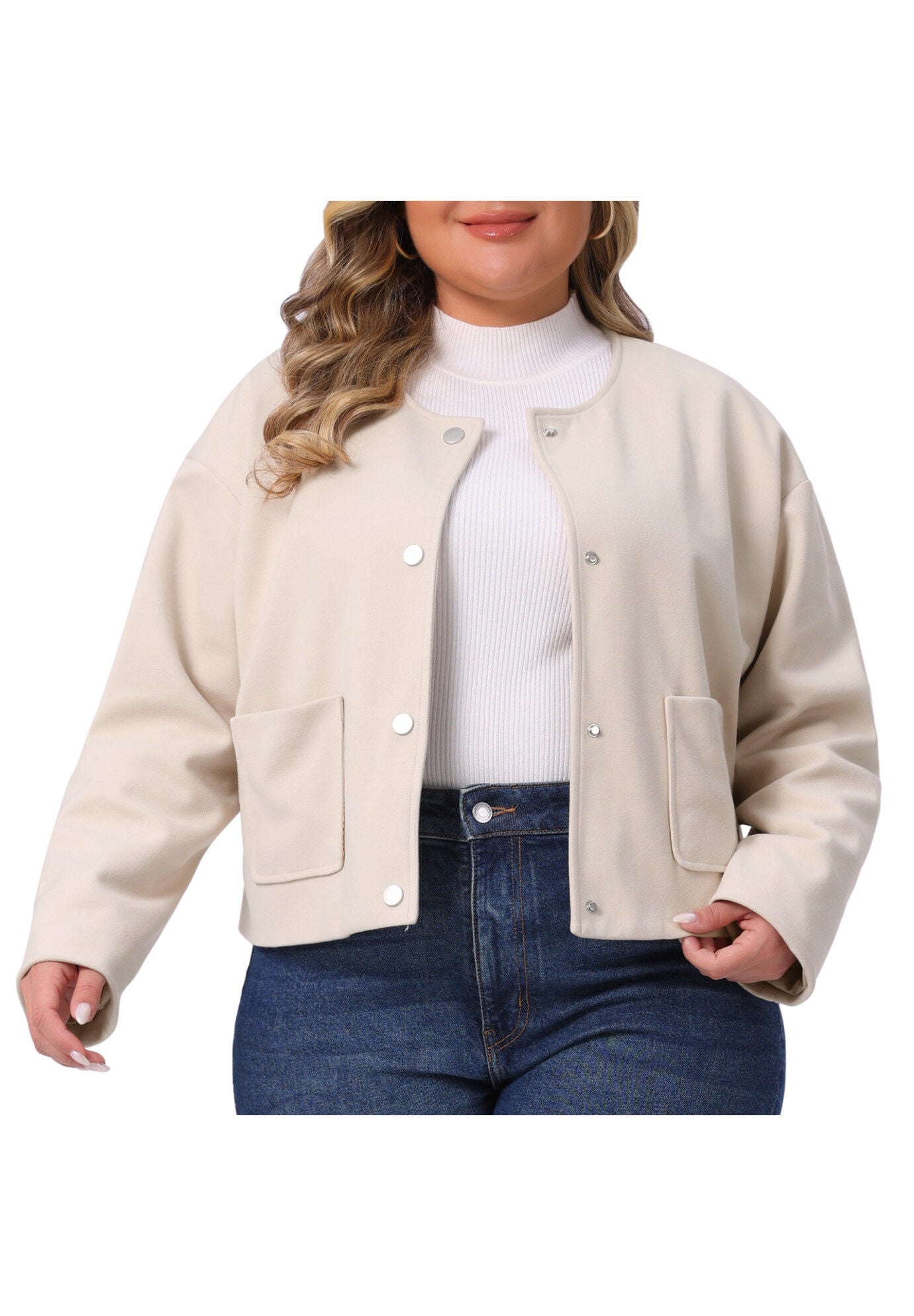 Single Breasted Bomber Jacket Shacket Coat with Pockets, Apricot / Cream, alternate image number 2