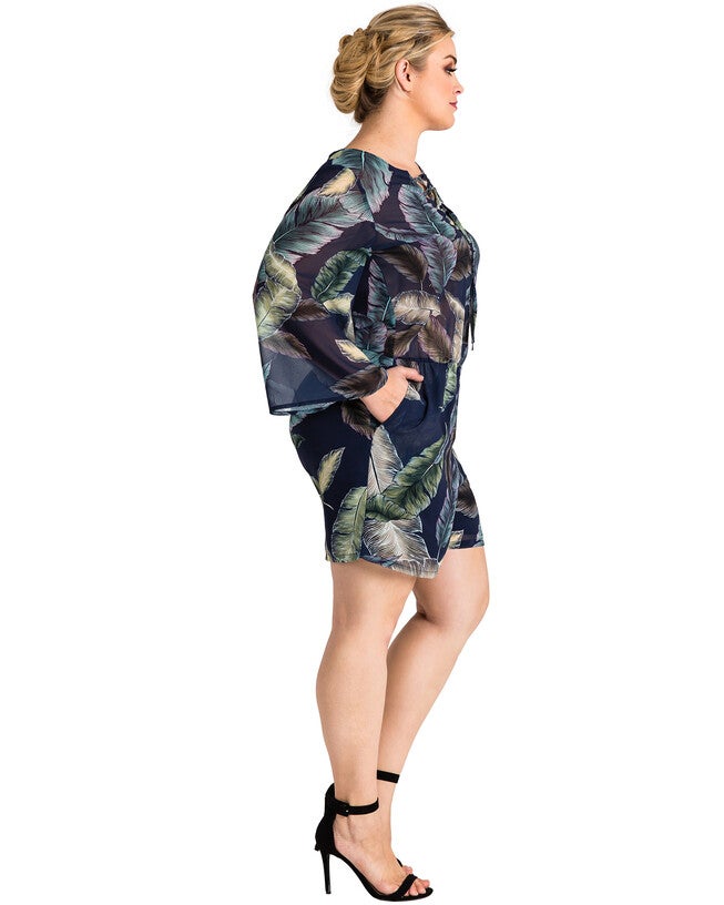 Chiffon Barbie Bell Sleeve Lace-Up Romper, LEAFPRINT / Navy, alternate image number 3