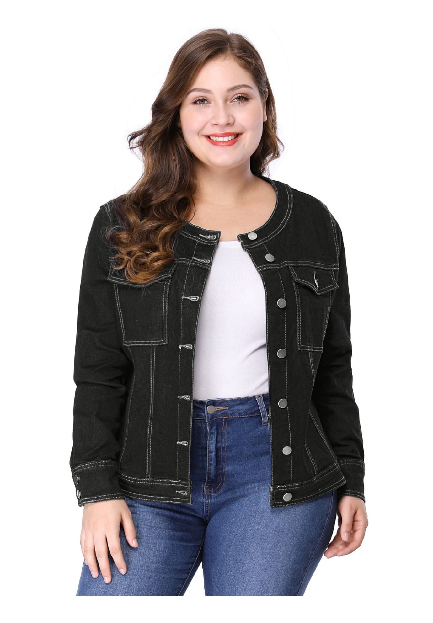 COLLARLESS DENIM JACKET, Black / Black, alternate image number 1