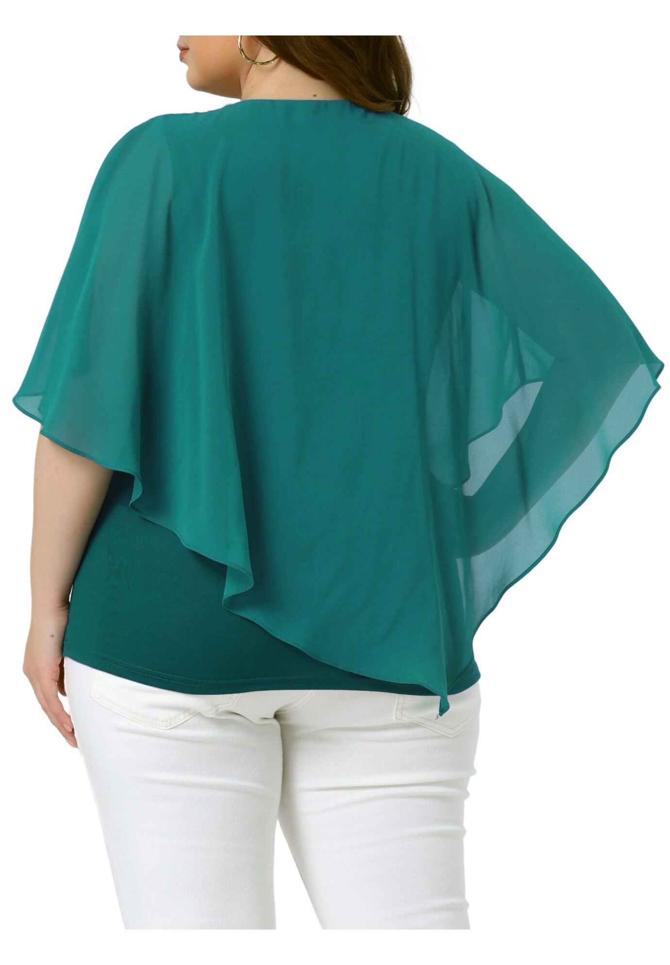 V Neck Flowy Shirt Double Layered Chiffon Top, Lake Green / Turquoise, alternate image number 3