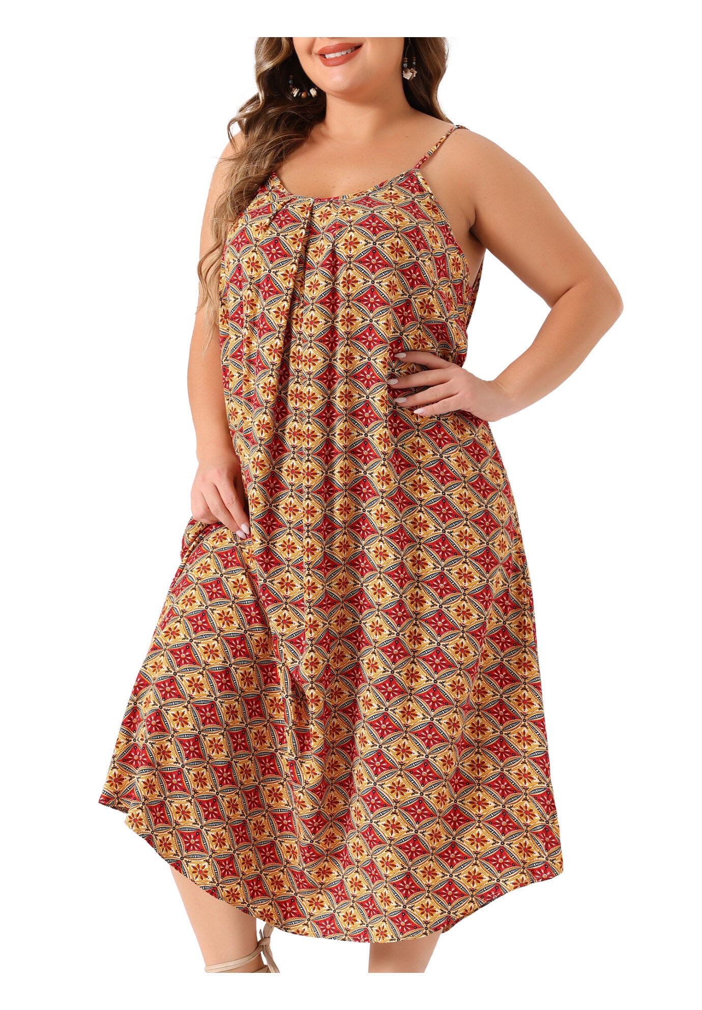 SPAGHETTI STRAP BEACH BOHEMIAN MIDI DRESS, Red / Red, alternate image number 1