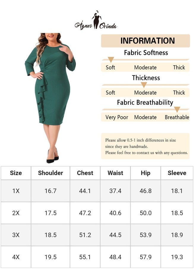 3/4 Sleeve Ruffle Midi Pencil Bodycon Cocktail Dress, Dark Green / Forest Green, alternate image number null