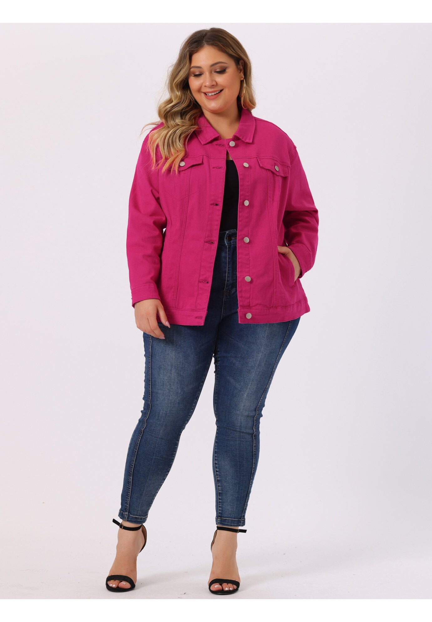STITCHING BUTTON FRONT WASHED DENIM JACKET, Hot Pink / Deep Fuchsia, hi-res image number 0