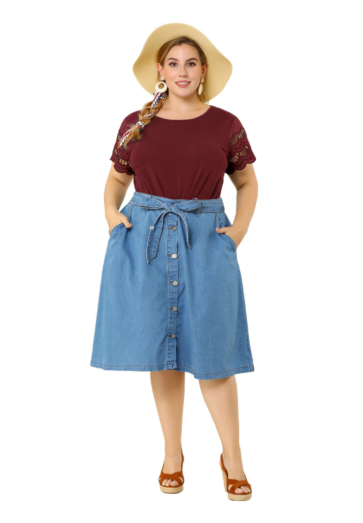 Lace Panel Hollow Short Sleeve Summer Blouse, Wine Red / Burgundy, hi-res image number 0