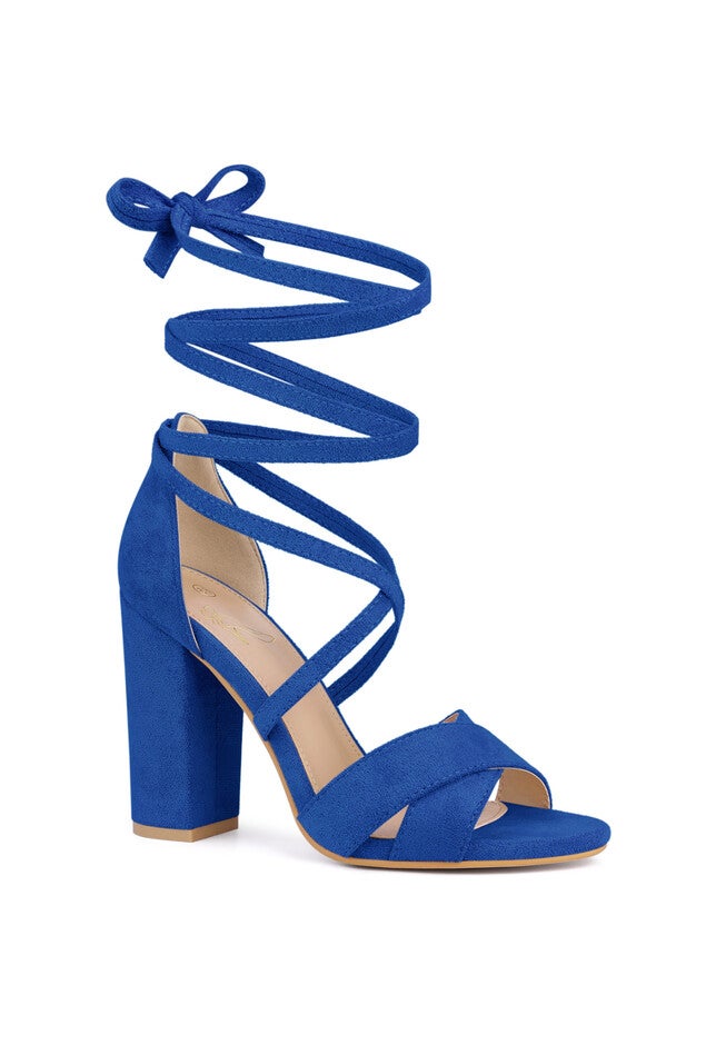 Strappy Chunky Heels Lace Up Sandals, Deep Blue / Royal Blue, hi-res image number 0