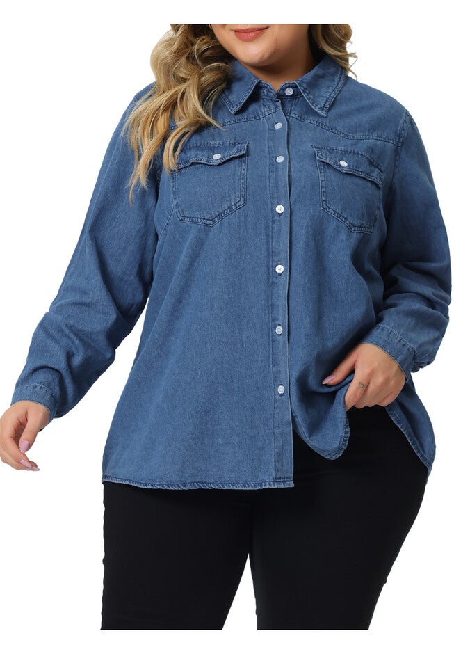Button Down Denim Shirt Long Sleeve Jean Jacket, Mid Blue / Chambray Denim Medium, alternate image number 2