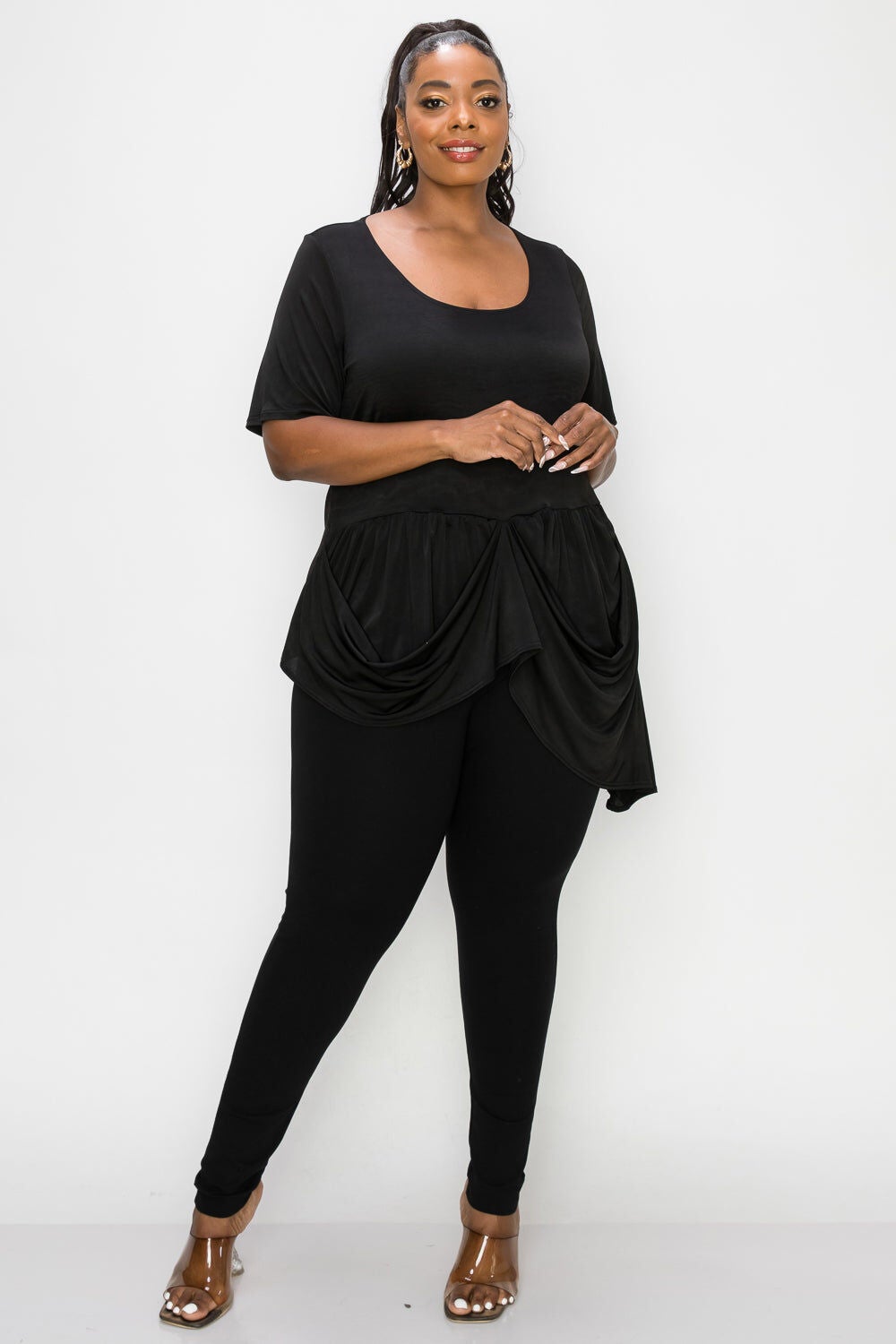 SAVANNAH DRAPED PEPLUM TOP, Black / Black, alternate image number 1