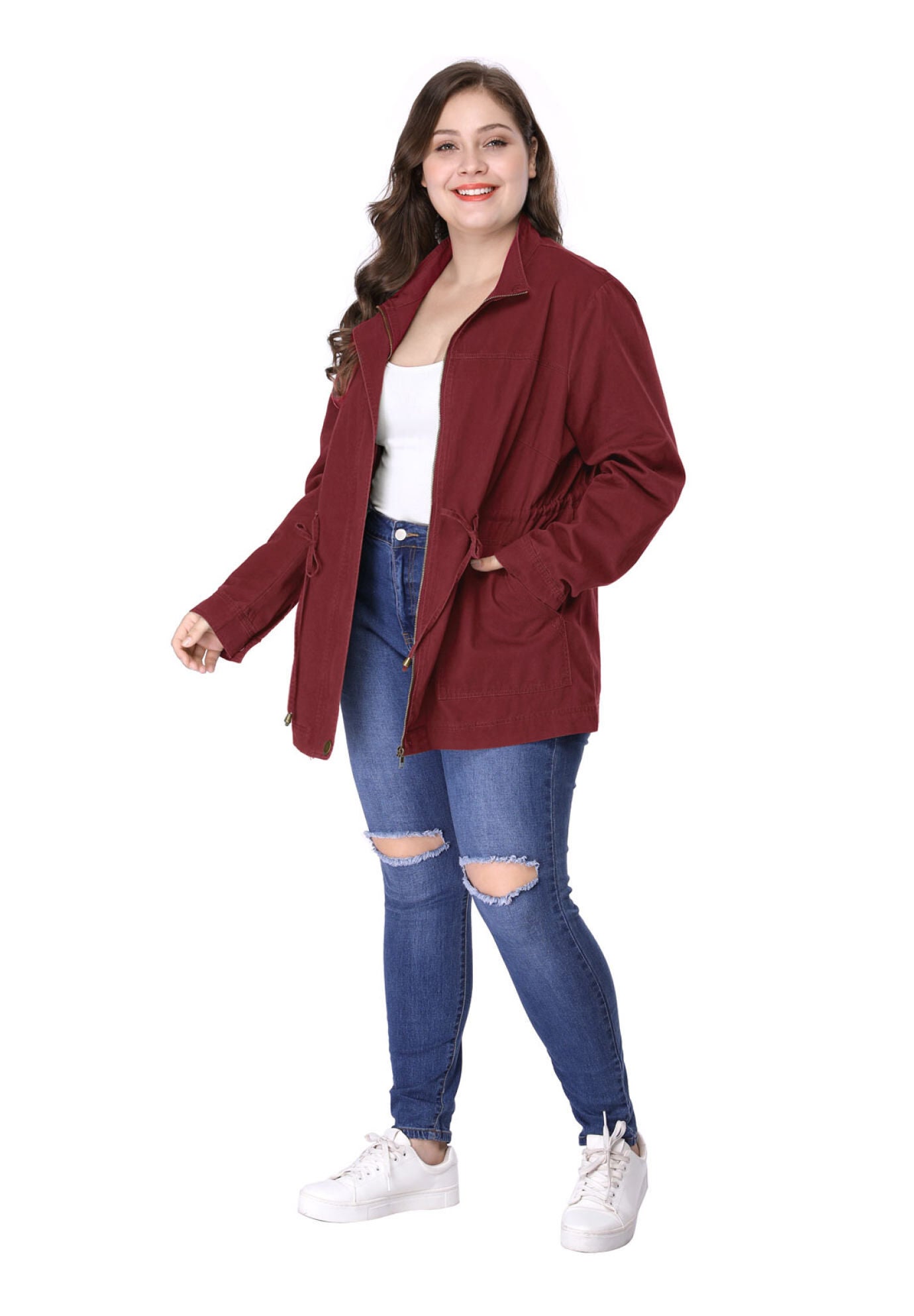 LIGHTWEIGHT ANORAK DRAWSTRING UTILITY JACKET, Burgundy / Red, alternate image number 4
