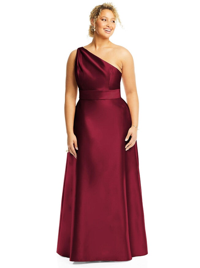 Draped One-Shoulder Satin Maxi Dress with Pockets, Burgundy / New Wine, hi-res image number 0
