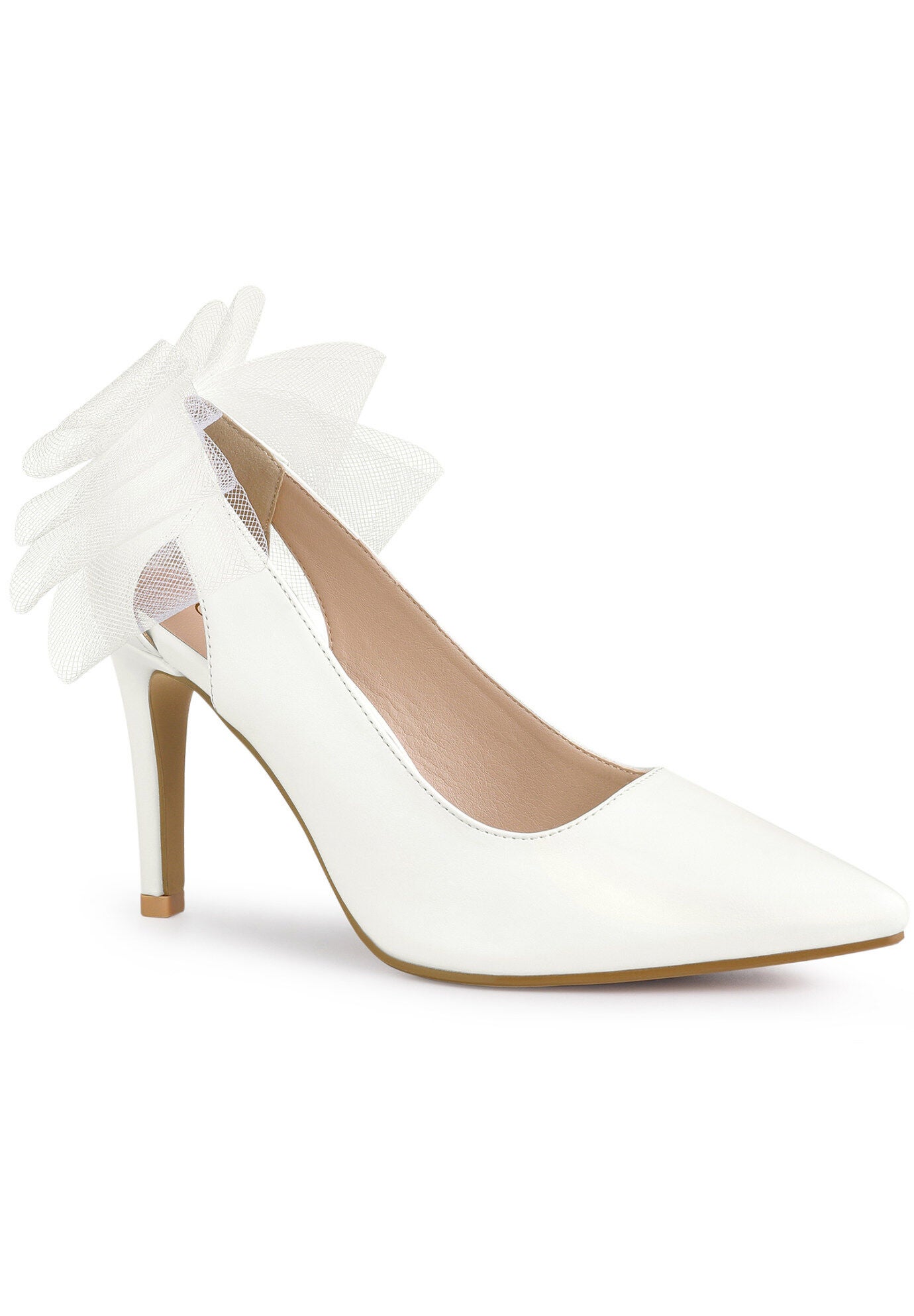 Mesh Bow Pointed Toe Stiletto Heels Pumps, White / White, hi-res image number 0