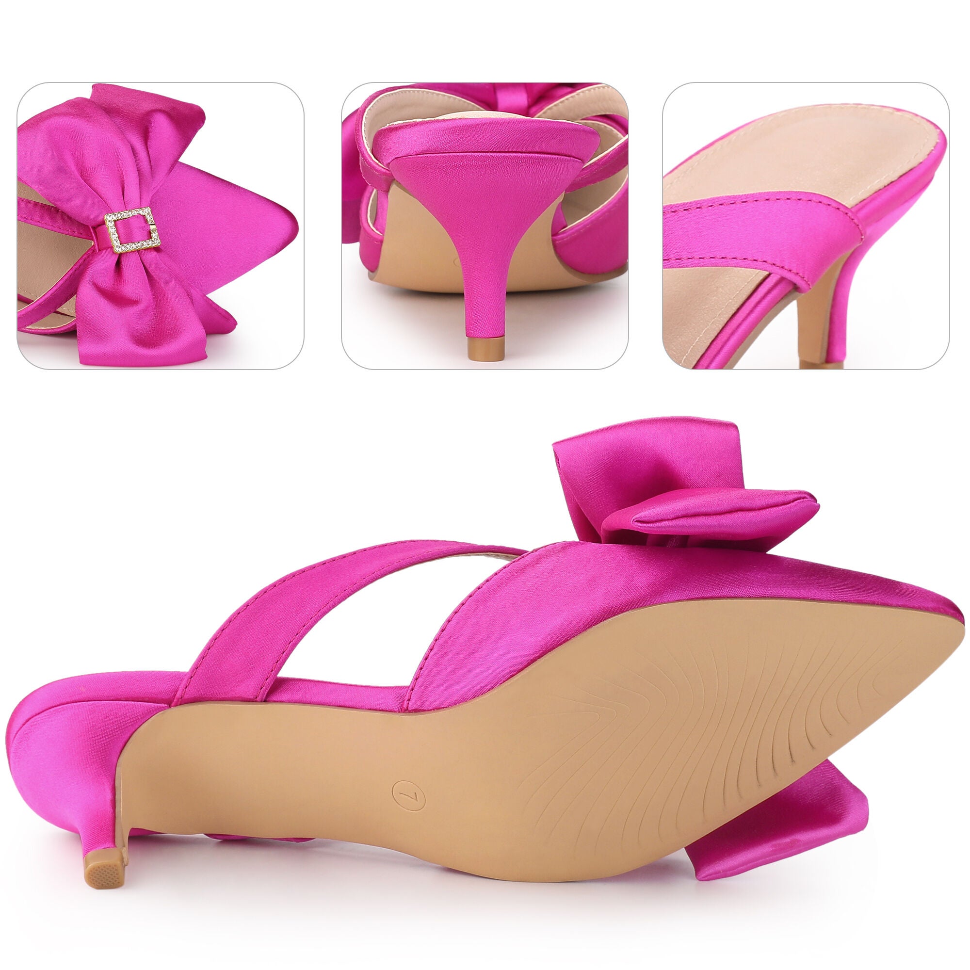 Bow Rhinestones Kitten Heels Satin Slide Mules, Hot Pink / Pink, alternate image number 3