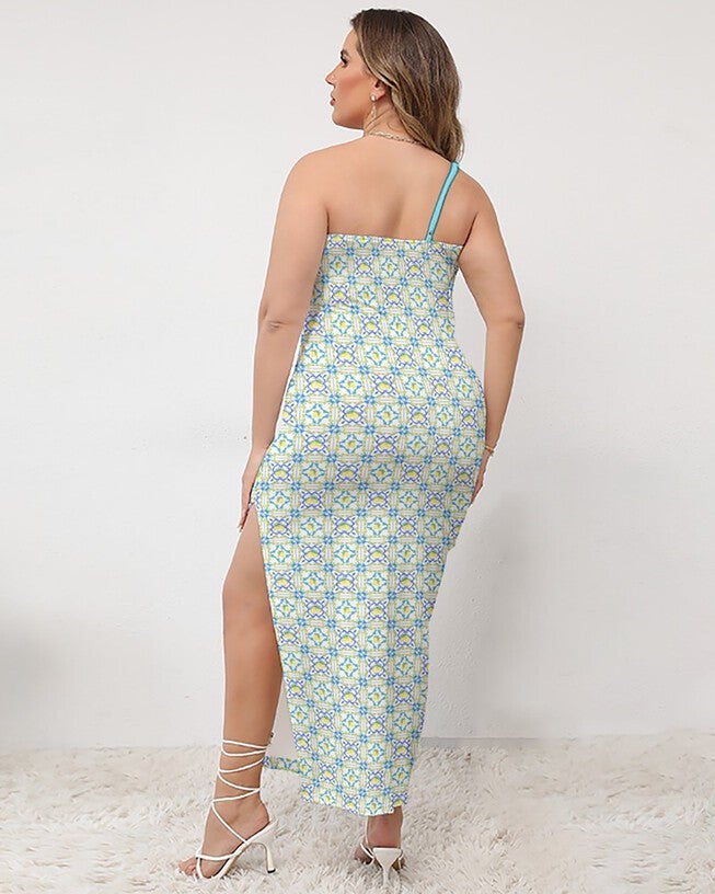 La Dolce Lemon Tile One-Shoulder Maxi Dress, White / Yellow, alternate image number null