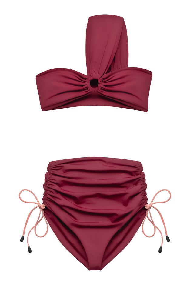 Ruched High Waisted Bikini Bottoms, Burgundy / Burgundy, alternate image number null