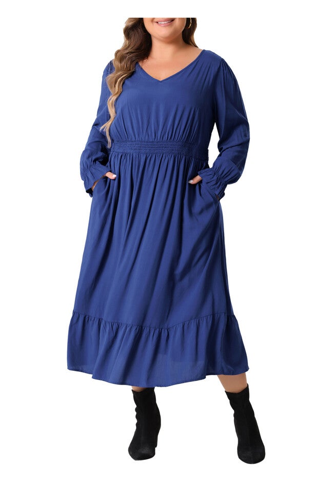 V Neck High Waist Ruffle Long Sleeve Dress with Pockets, Royal Blue / Royal Blue, alternate image number 1