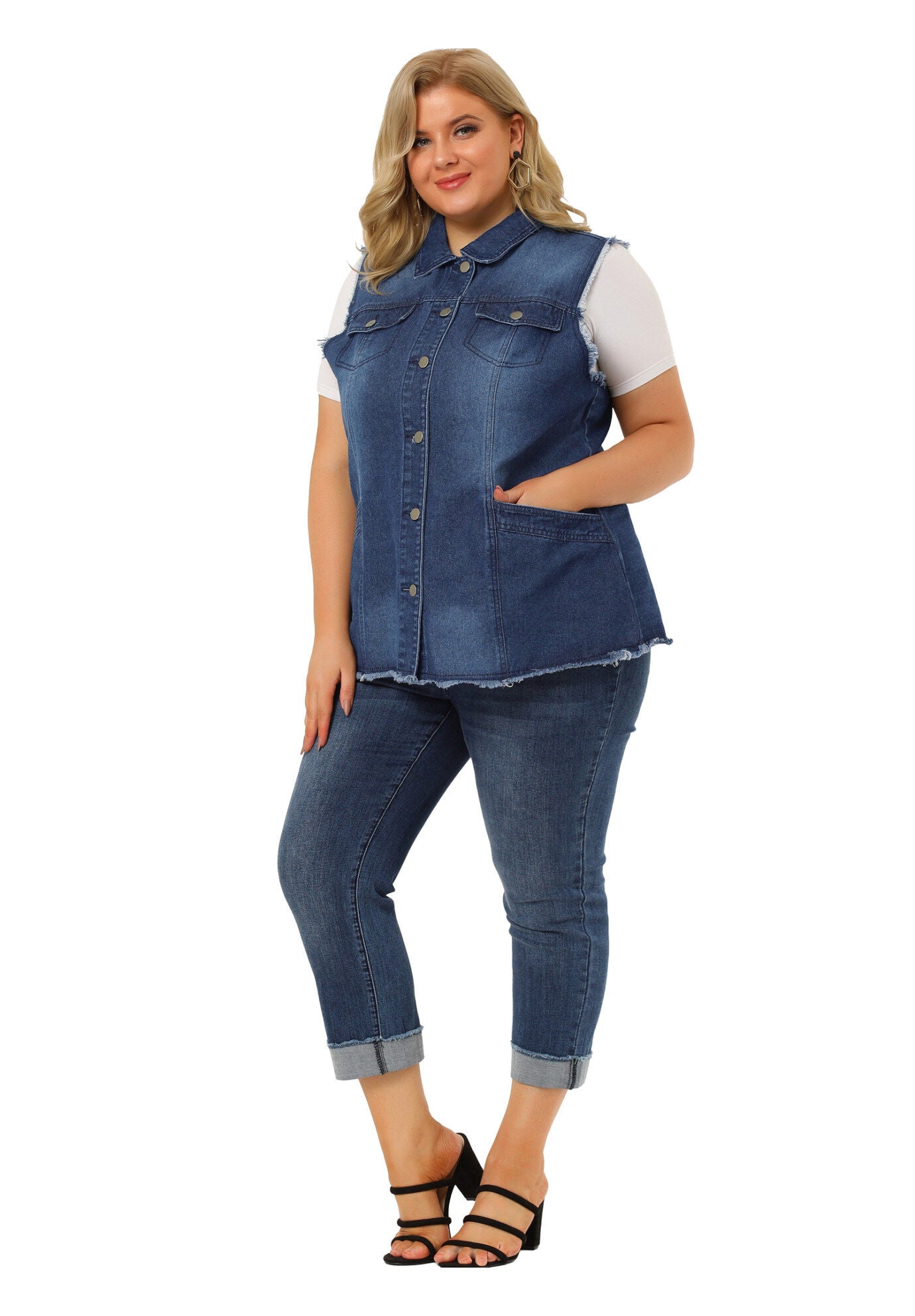 BUTTON FRONT LAPEL FRAYED WASHED SLEEVELESS LONG DENIM VEST, , hi-res image number 0