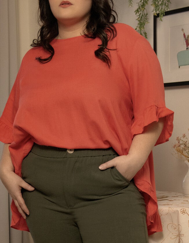 Mylene Top Relaxed Linen Blend Frilled High Low Hem, Mango / Orange, alternate image number null