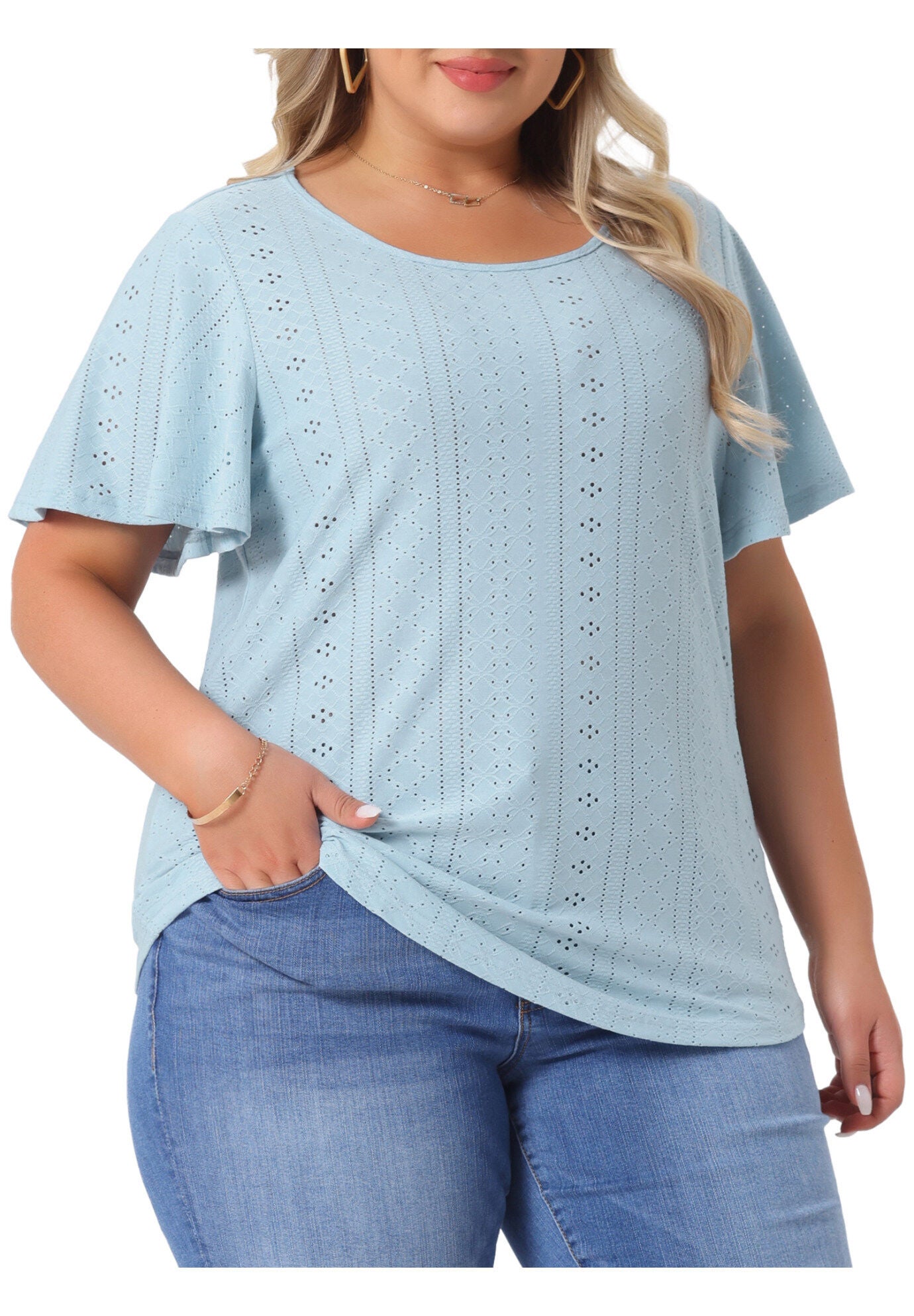 V NECK LOOSE FIT RUFFLE SLEEVE SUMMER HOLLOW TOP, Light Blue / Light Blue, alternate image number 2