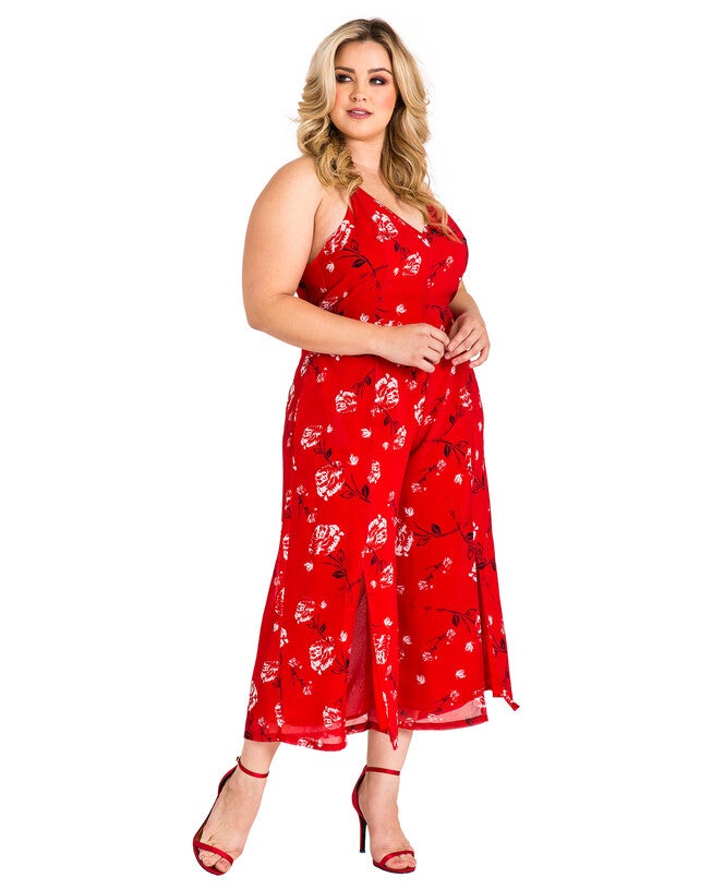 Plus Size Dianna Halter Capri Jumpsuit with Front Splits, Red Tulip / Red, alternate image number null