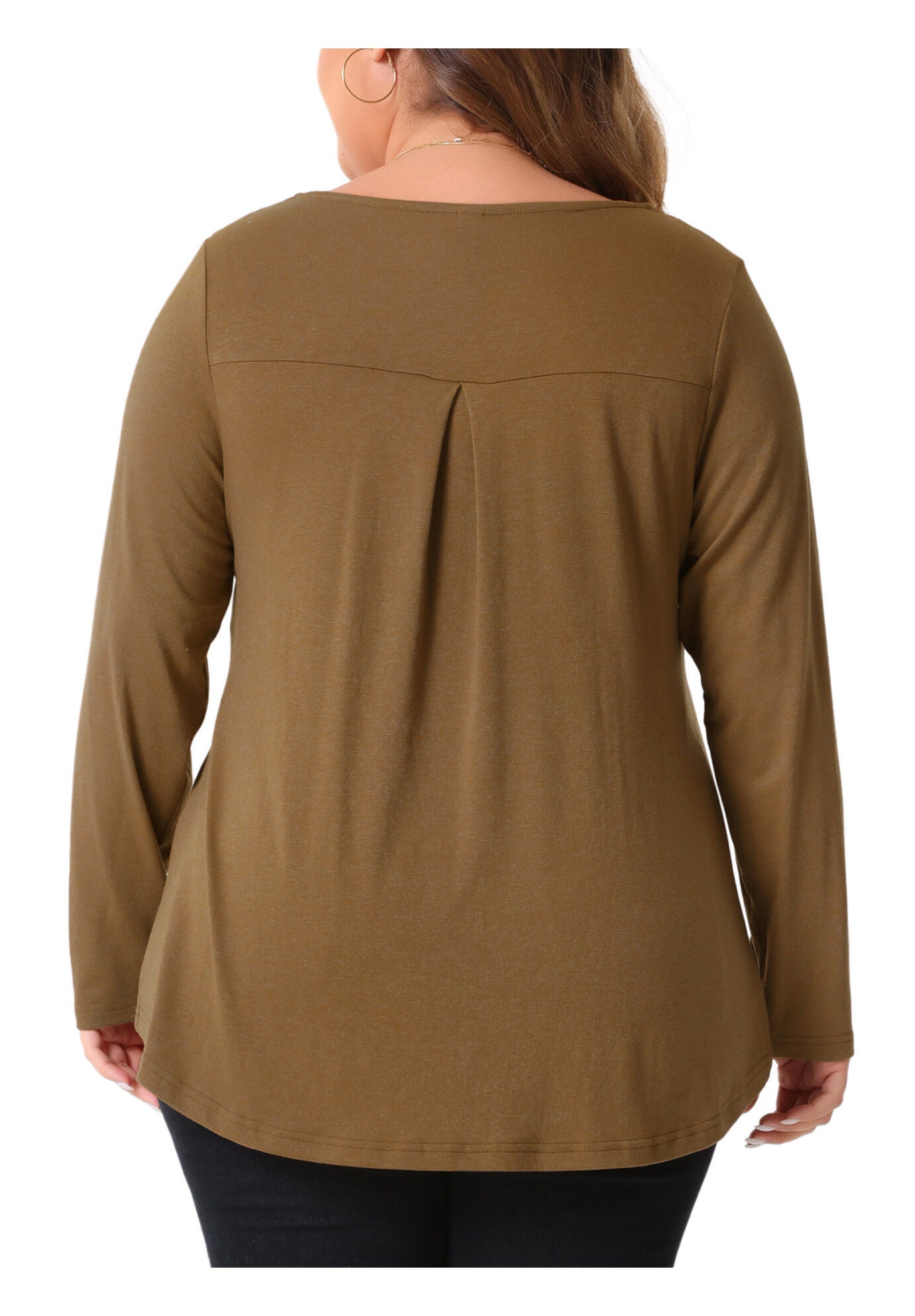 Notched Neck Long Sleeve Front Pleated Blouse, Brown / Brown, alternate image number 3