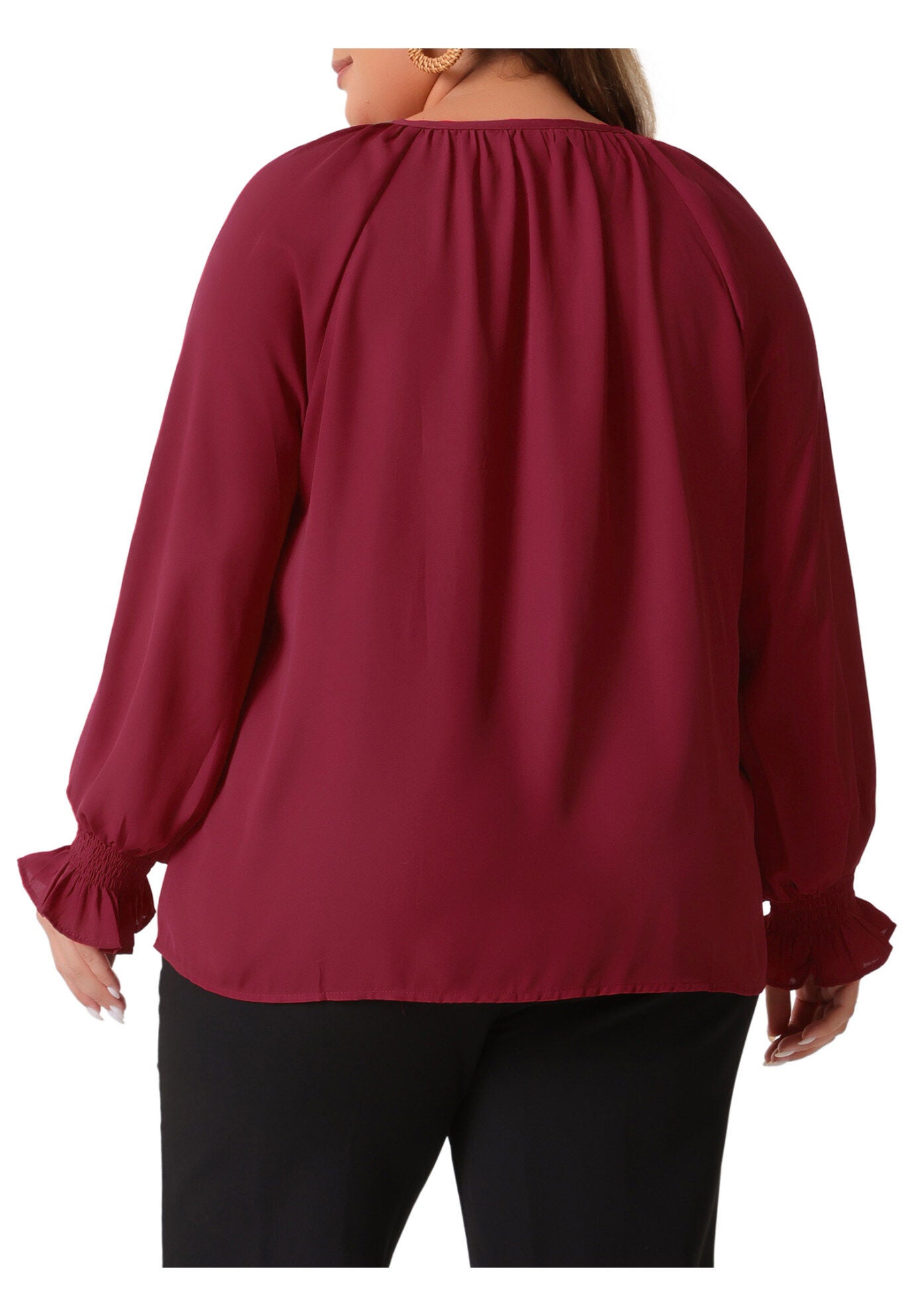 Casual V Neck Drawstring Long Sleeve Blouse Top, Burgundy / Burgundy, alternate image number 3