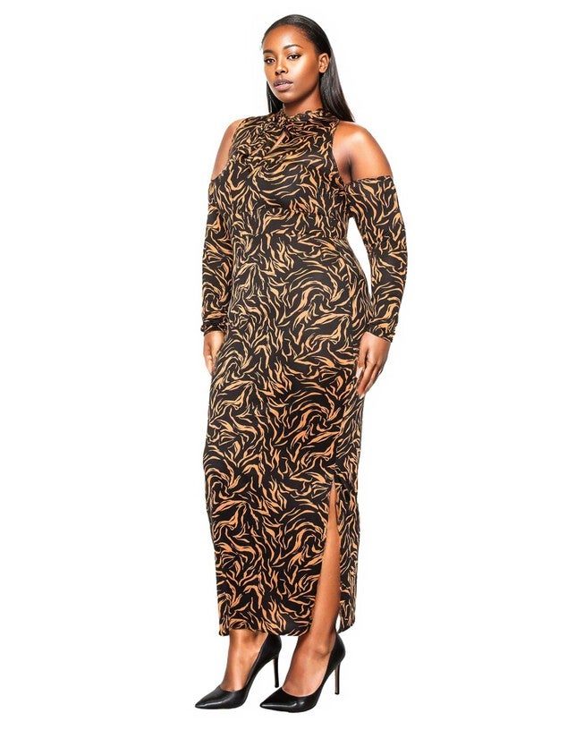 TIGRESS COLLAR SLEEVE DRESS, Black Camel / Black, alternate image number 1