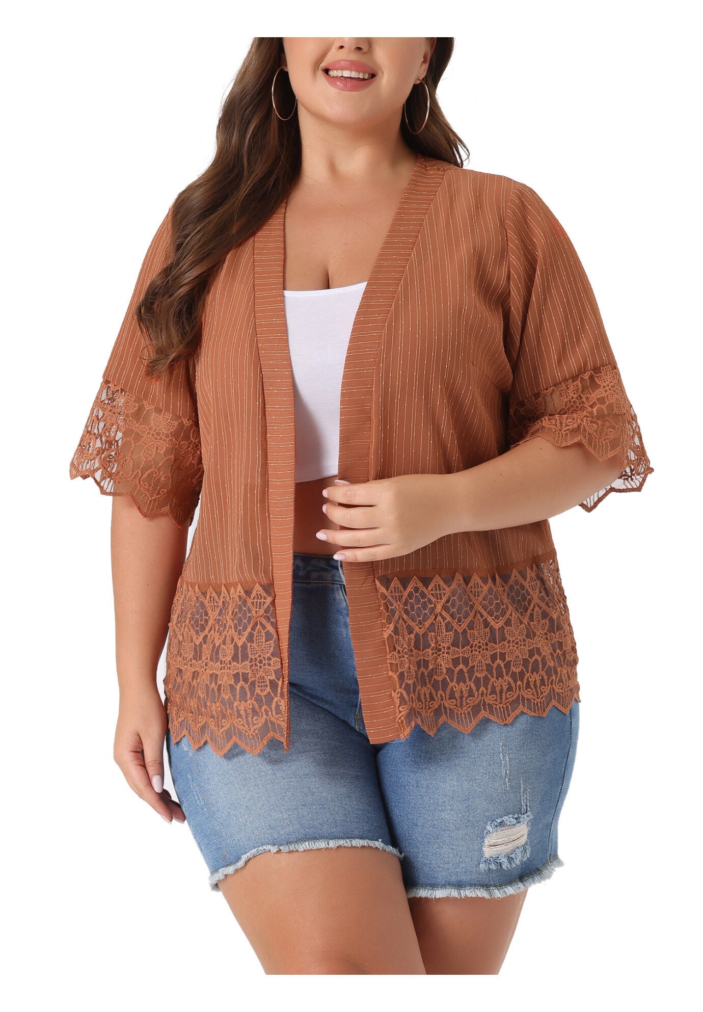 LACE SHRUG 1/2 SLEEVE BIKINI COVER KIMONO CARDIGAN, Orange Brown / Burnt Orange, alternate image number 1
