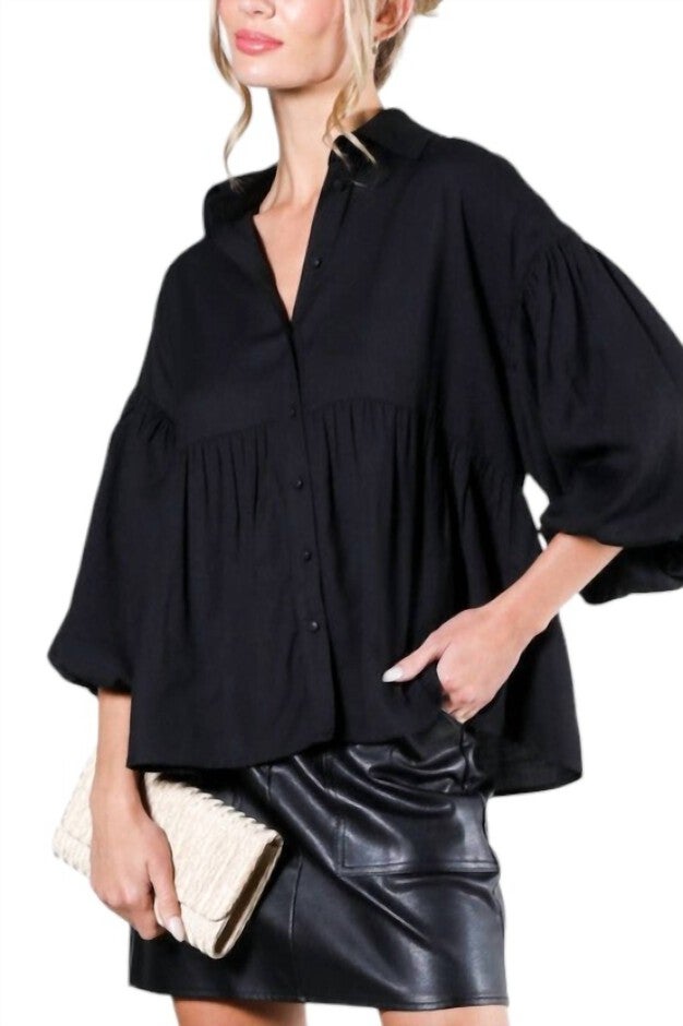 COLLARED BALLOON SLEEVE BUTTON DOWN SHIRT, Black / Black, alternate image number null