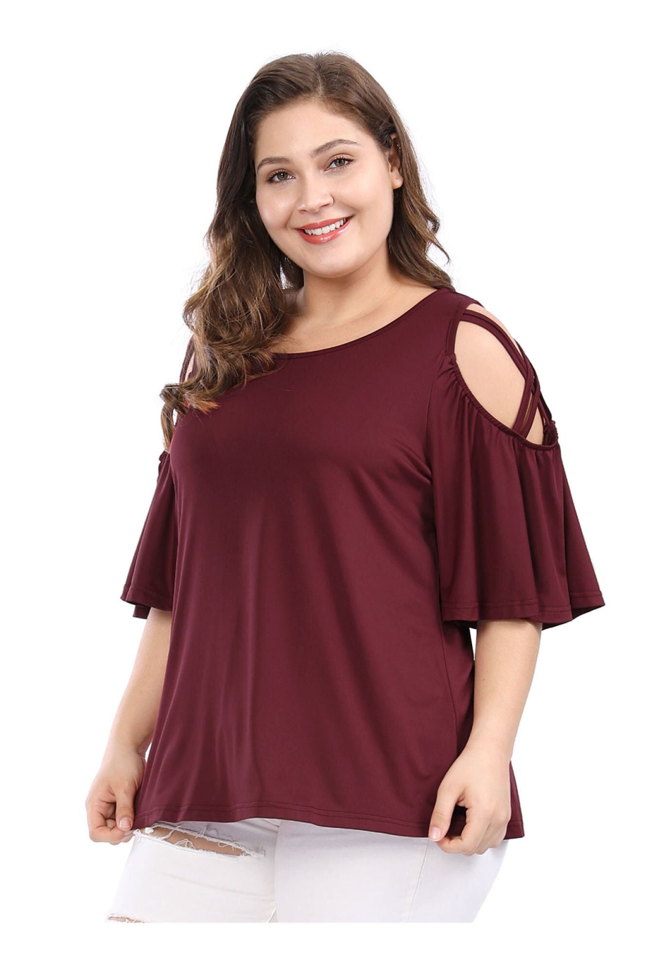 Cold Shoulder Bell Sleeve Summer Top, Red / Red, alternate image number 1
