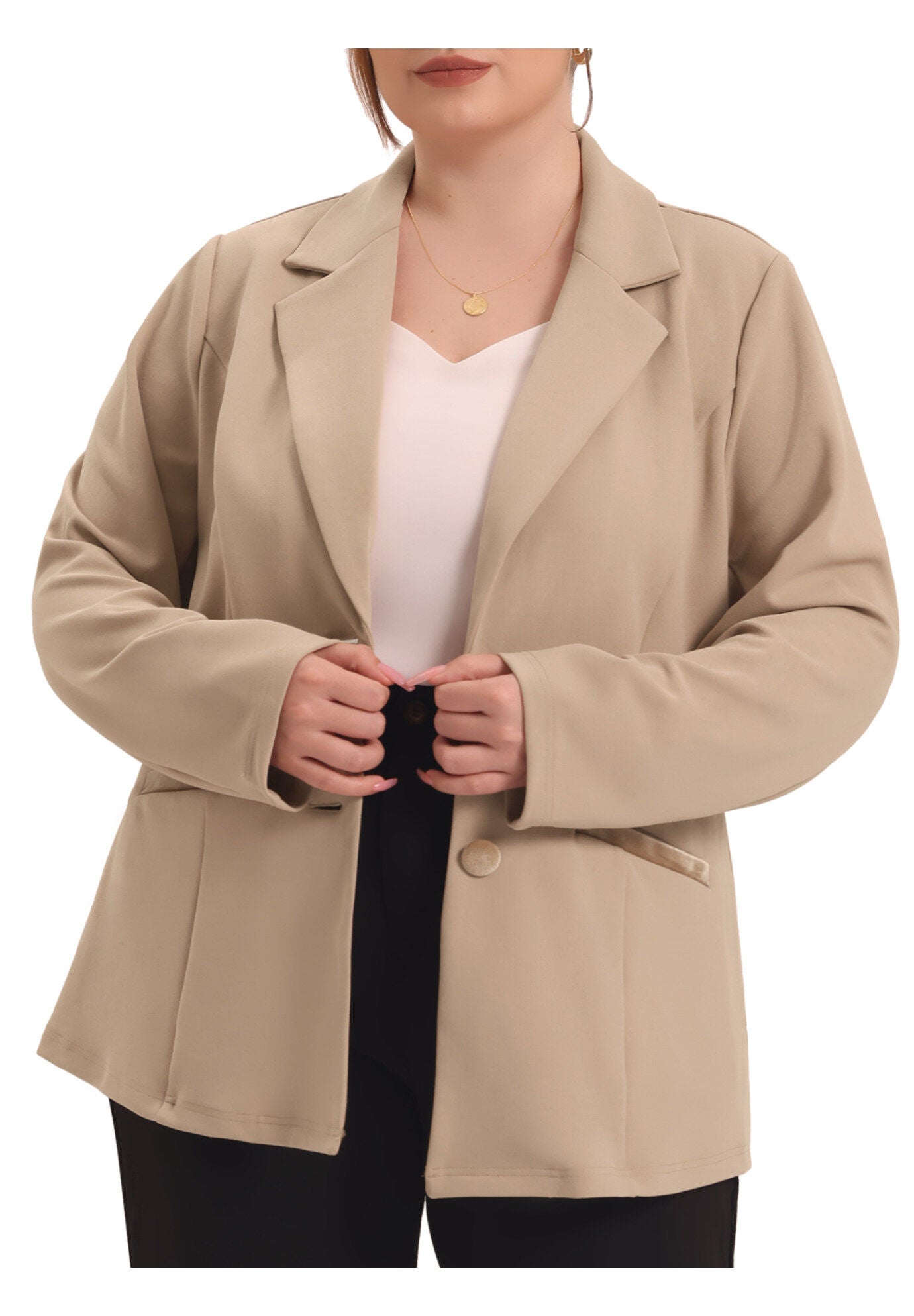 NOTCHED LAPEL V NECK WORK SUIT BLAZER, Khaki / Beige, alternate image number 2