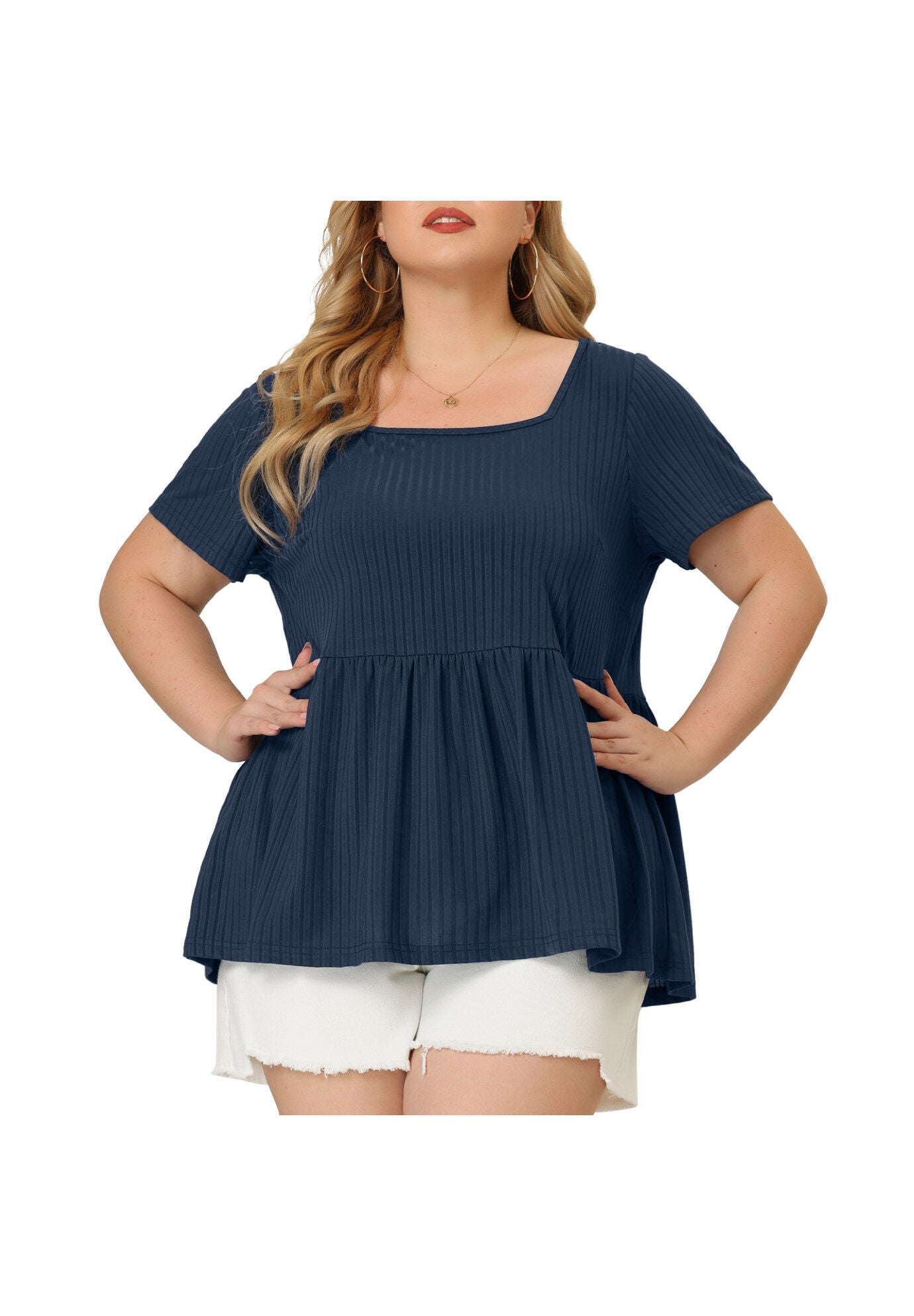 Babydoll Top Summer Peplum Short Sleeve Summer Oversized Tunic Blouse, Navy Blue / Navy, alternate image number 1