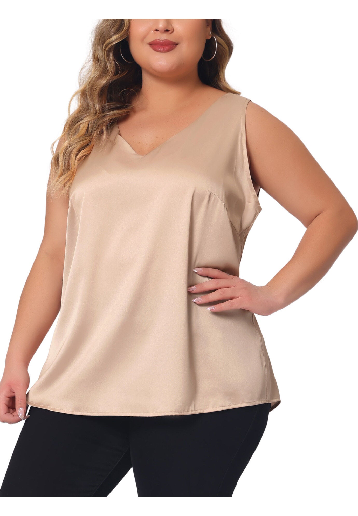 Satin Tank Top V Neck Casual Sleeveless Cami, Champagne / Gold, alternate image number 3
