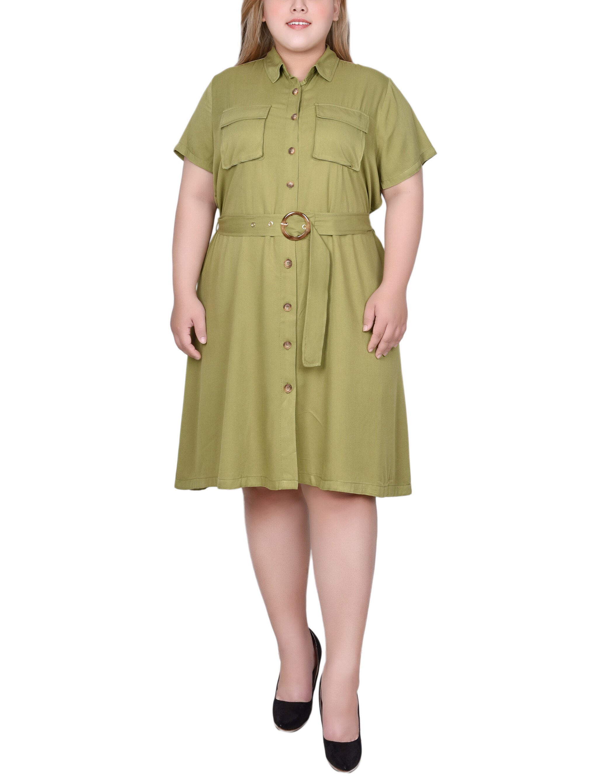 Short Sleeve Safari Style Dress, Olive Green, hi-res image number 0