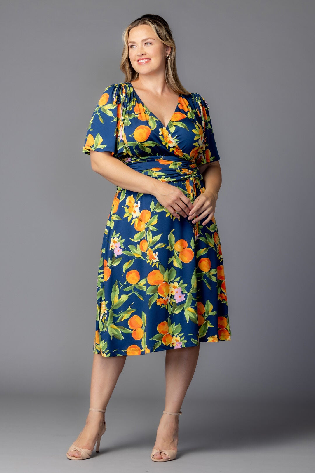 Jemma Ruched Tie Dress, Navy Citrus Print / Navy, alternate image number 4