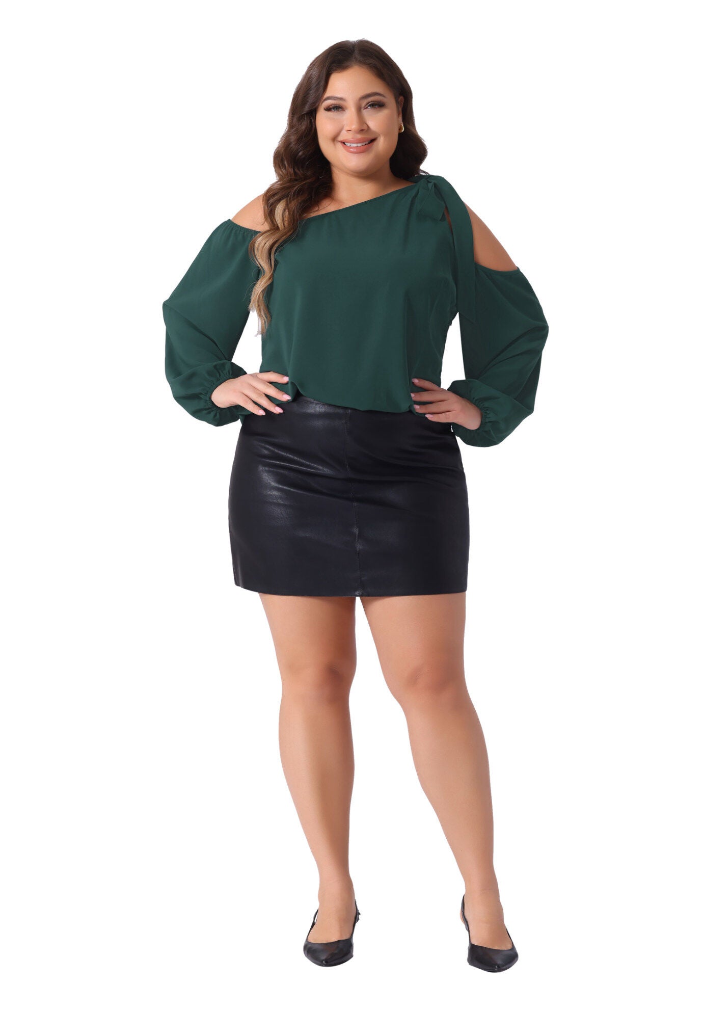 Cold Shoulder Tie Long Sleeve Blouse T-Shirt Tee Top, Dark Green / Forest Green, hi-res image number 0