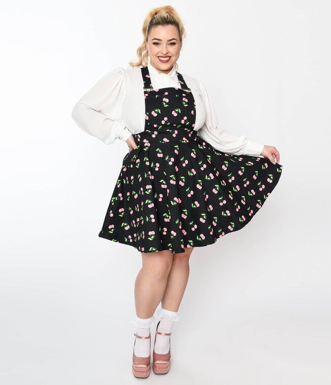 Unique Vintage Black & Pink Cherries Brionne Pinafore Skirt, BlackPink Cherries / Black, hi-res image number null