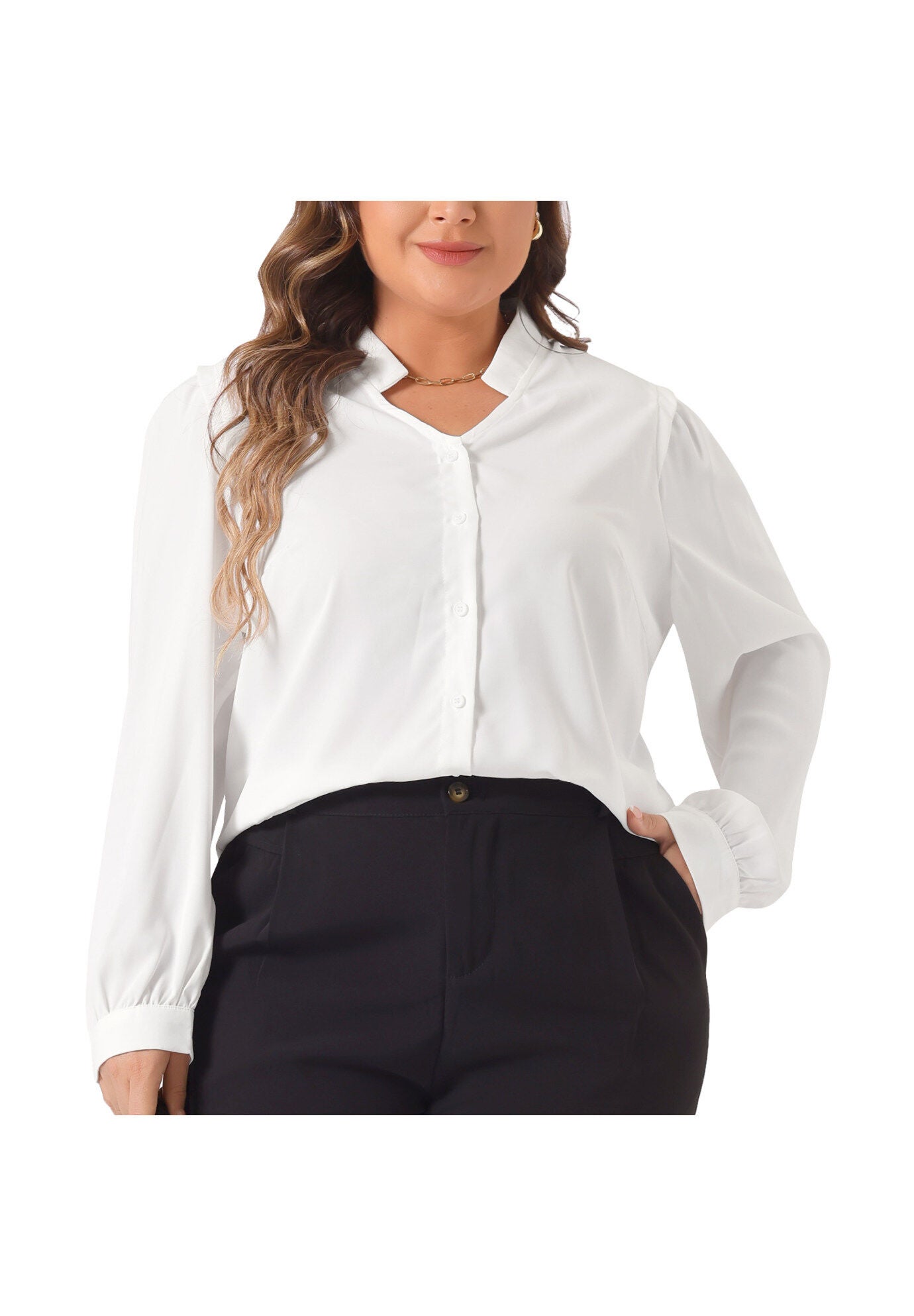 Button Up Notch V Neck Long Sleeve Work Shirt, White / White, alternate image number 2