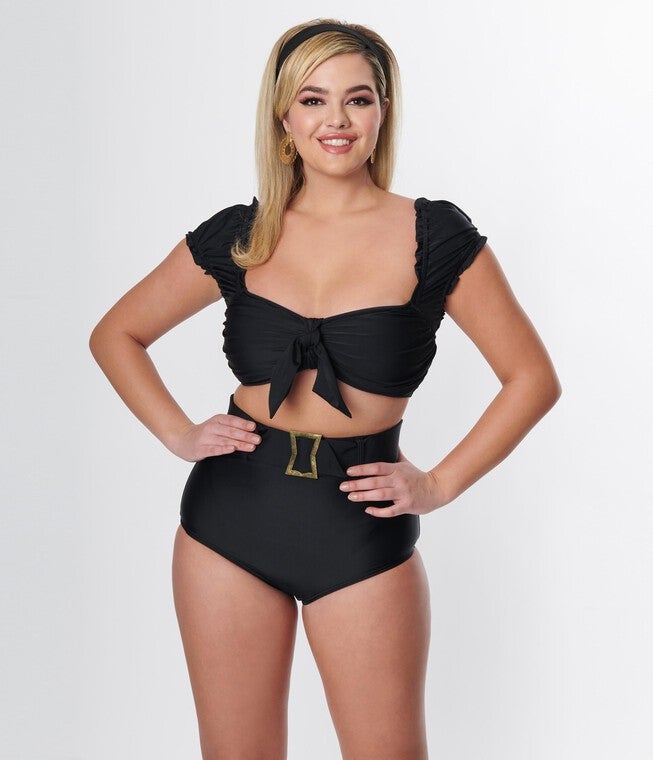Unique Vintage Black High Waist Belted Swim Bottom, Black / Black, alternate image number null