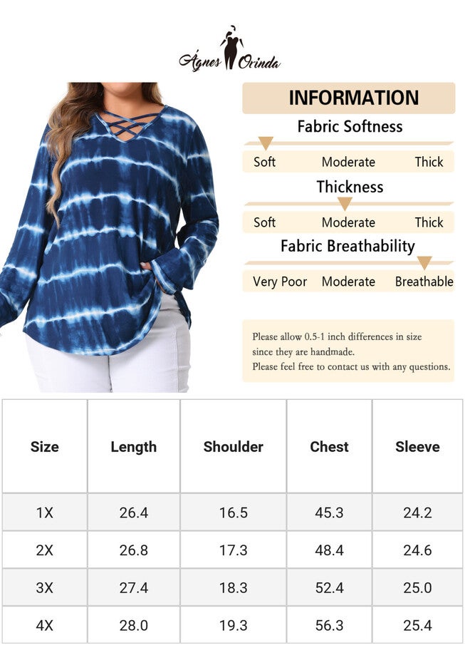 Criss Cross V Neck Long Sleeve Loose Tie Dye Tunic Blouse, Blue / Royal Blue, alternate image number 4
