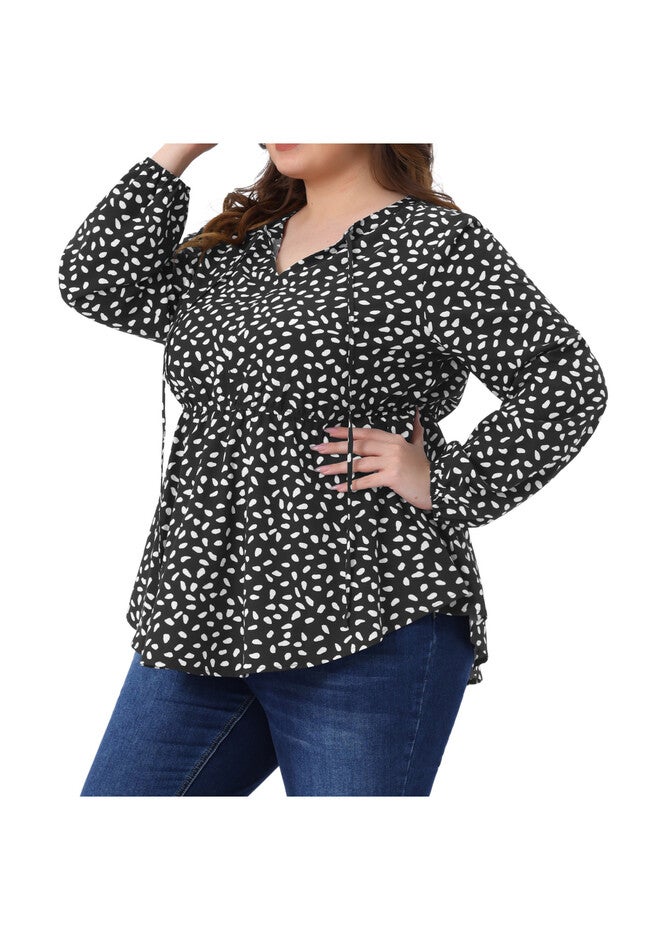 Polka Dots Tie Front Neck Flowy Peplum Blouse, Black / Black, alternate image number 1