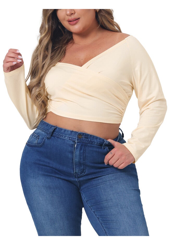 OFF SHOULDER LONG SLEEVE CROSS WRAP V NECK CROP TOP, Beige / Beige, alternate image number null