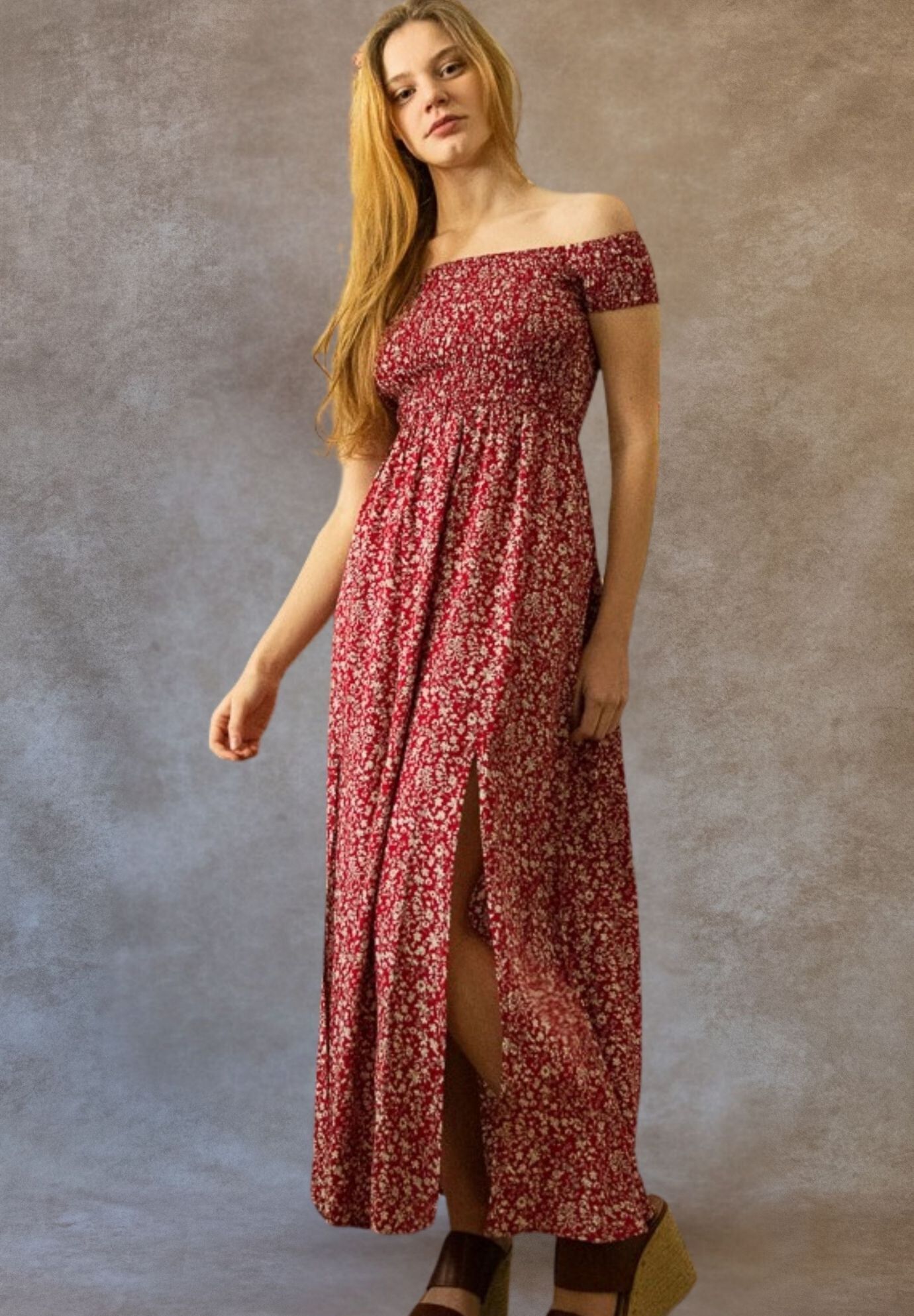 Annick- Lilou On-Off Shoulder Ditsy Floral Maxi Dress Front Slits, Red / Red, alternate image number 1