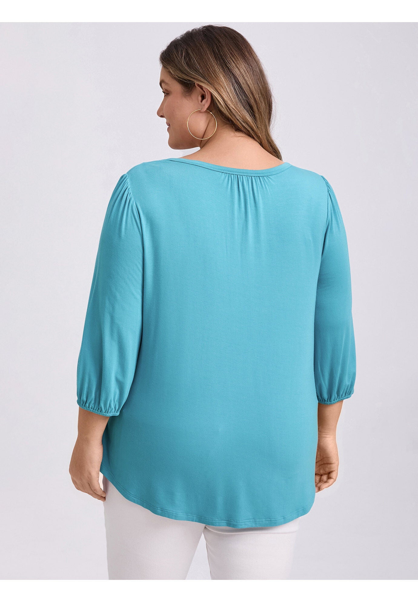 Smocked 3/4 Sleeve Notch V Neck Shirt Blouse, Lake Blue / Azure Blue, alternate image number 2